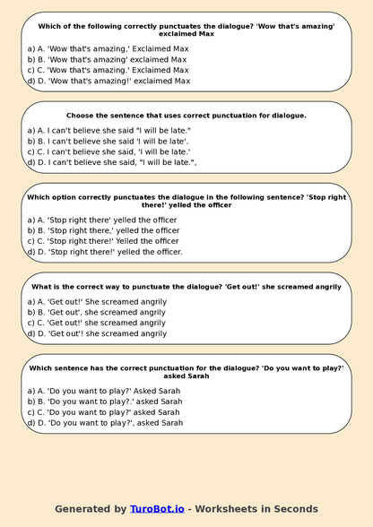 Year 7 English Multiple Choice Worksheet – Punctuation for Dialogue