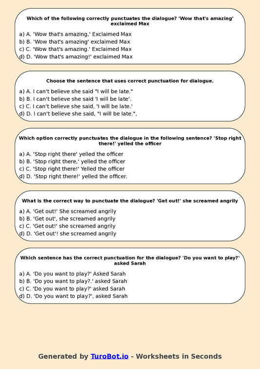Year 7 English Multiple Choice Worksheet – Punctuation for Dialogue