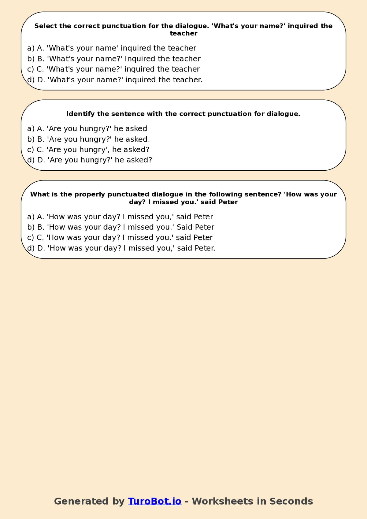 Year 7 English Multiple Choice Worksheet – Punctuation for Dialogue