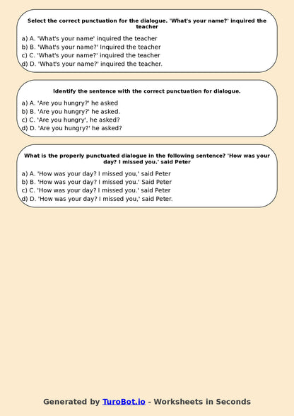 Year 7 English Multiple Choice Worksheet – Punctuation for Dialogue