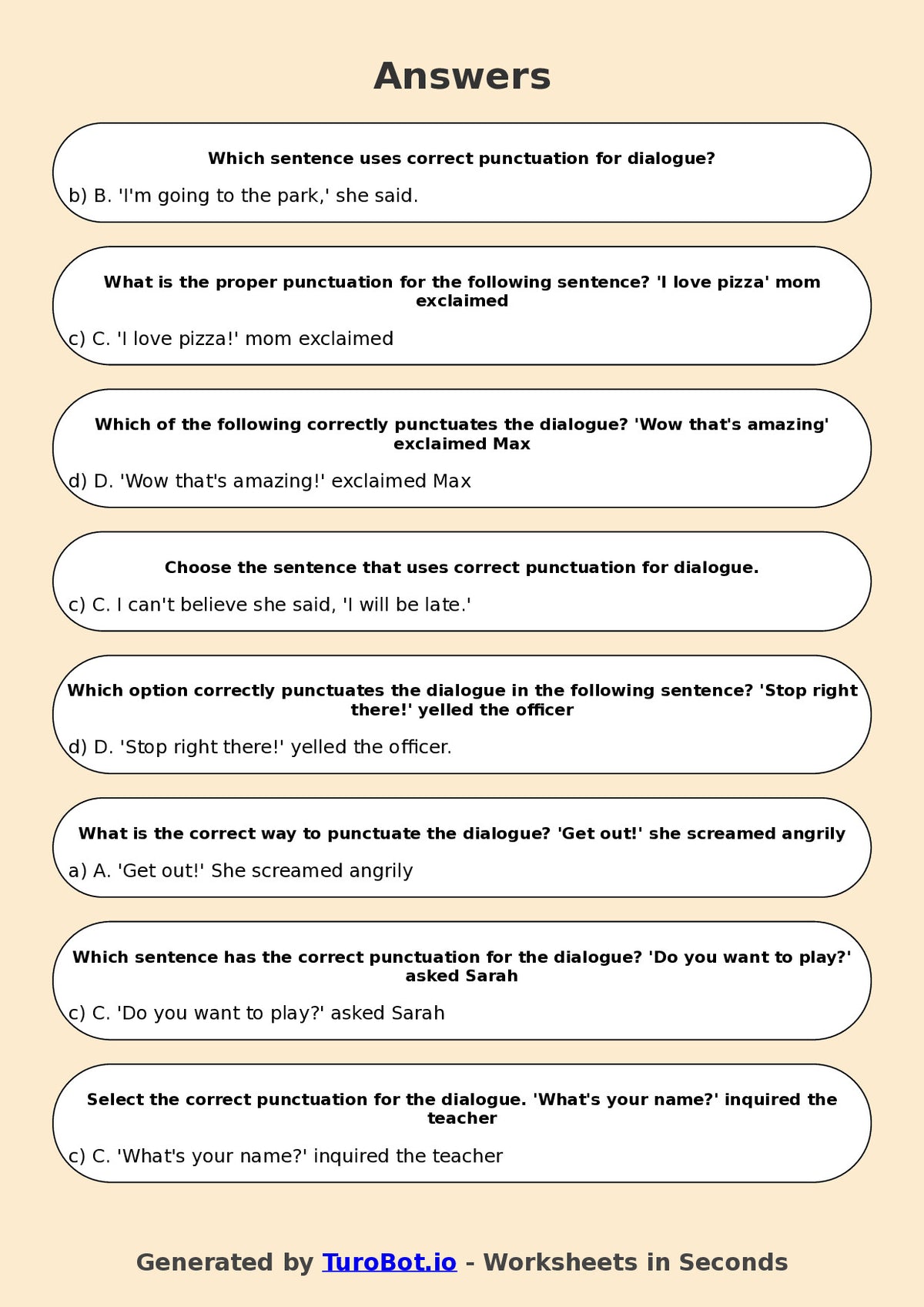 Year 7 English Multiple Choice Worksheet – Punctuation for Dialogue