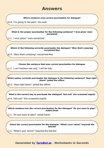 Year 7 English Multiple Choice Worksheet – Punctuation for Dialogue