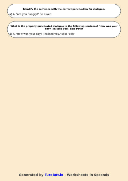 Year 7 English Multiple Choice Worksheet – Punctuation for Dialogue