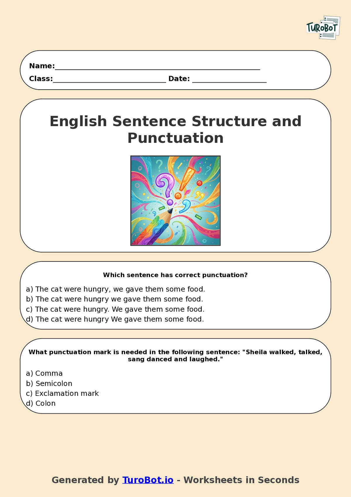 Year 7 English Multiple Choice Worksheet – Sentence Structure and Punctuation
