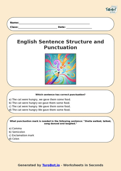 Year 7 English Multiple Choice Worksheet – Sentence Structure and Punctuation