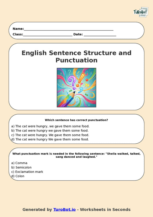 Year 7 English Multiple Choice Worksheet – Sentence Structure and Punctuation