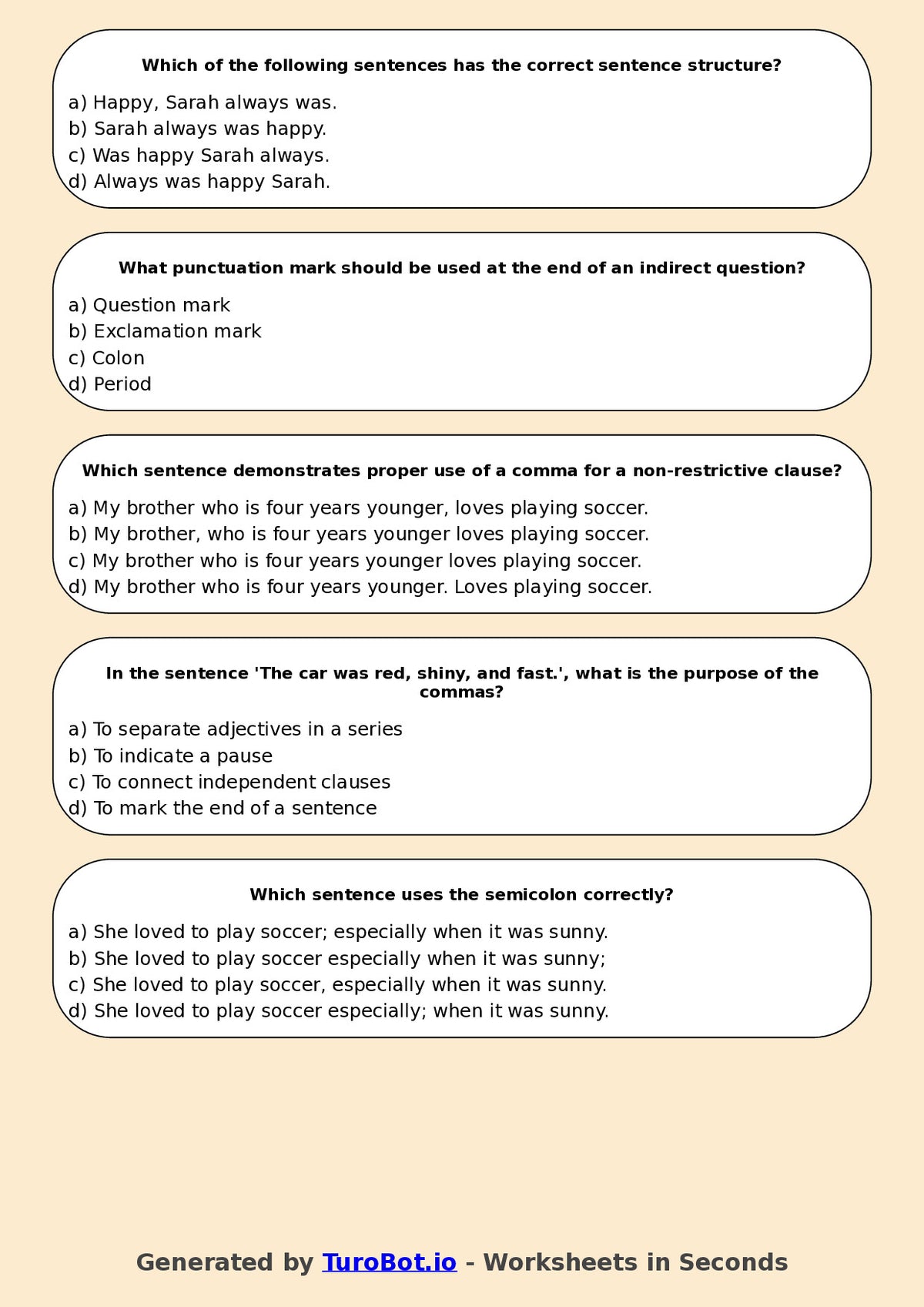 Year 7 English Multiple Choice Worksheet – Sentence Structure and Punctuation