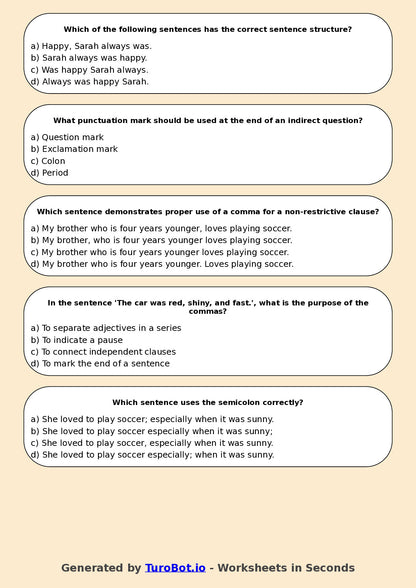 Year 7 English Multiple Choice Worksheet – Sentence Structure and Punctuation