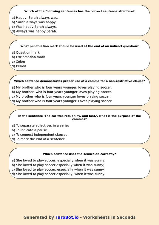 Year 7 English Multiple Choice Worksheet – Sentence Structure and Punctuation