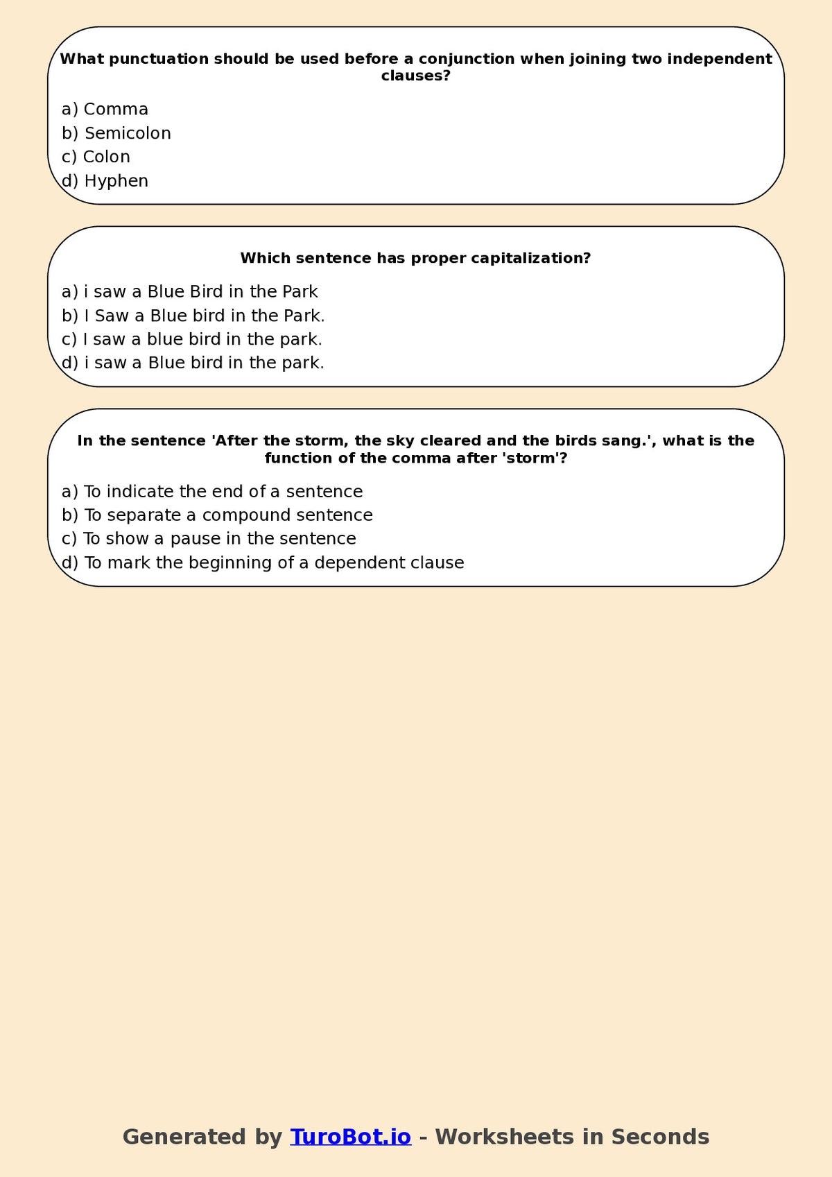 Year 7 English Multiple Choice Worksheet – Sentence Structure and Punctuation