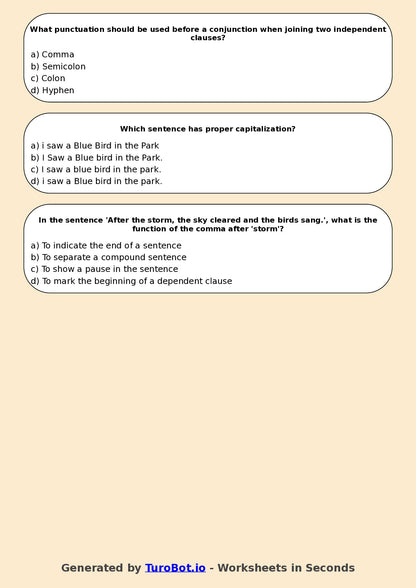 Year 7 English Multiple Choice Worksheet – Sentence Structure and Punctuation