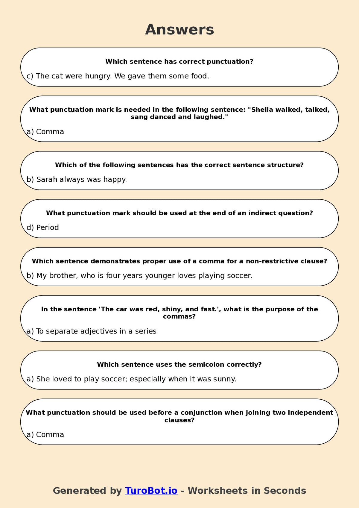 Year 7 English Multiple Choice Worksheet – Sentence Structure and Punctuation