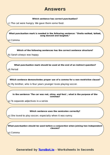 Year 7 English Multiple Choice Worksheet – Sentence Structure and Punctuation