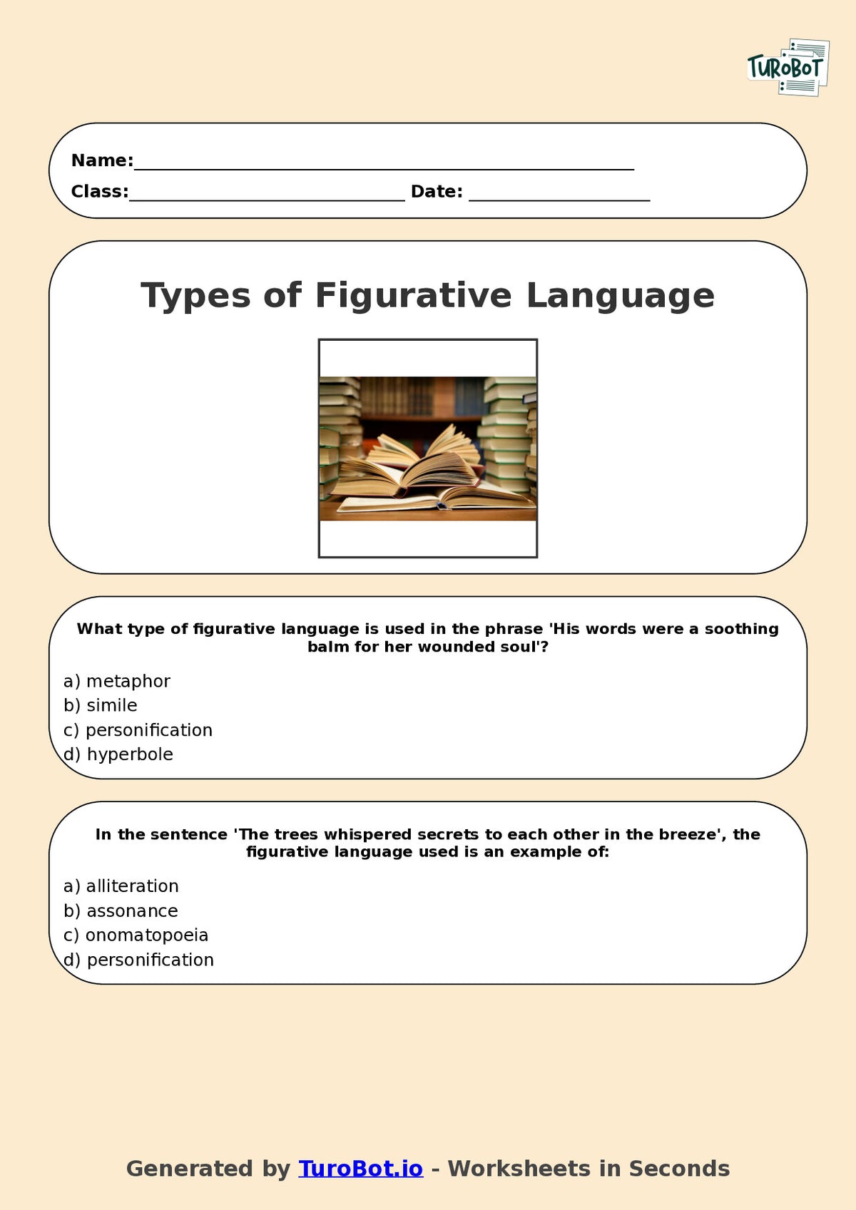 Year 7 English Multiple Choice Worksheet – Types of Figurative Language