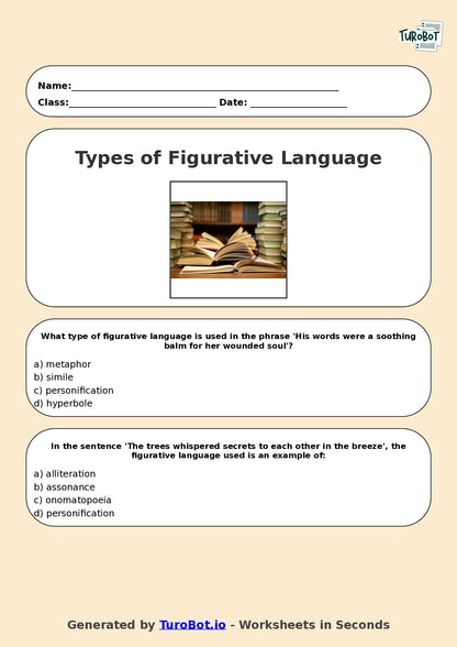 Year 7 English Multiple Choice Worksheet – Types of Figurative Language