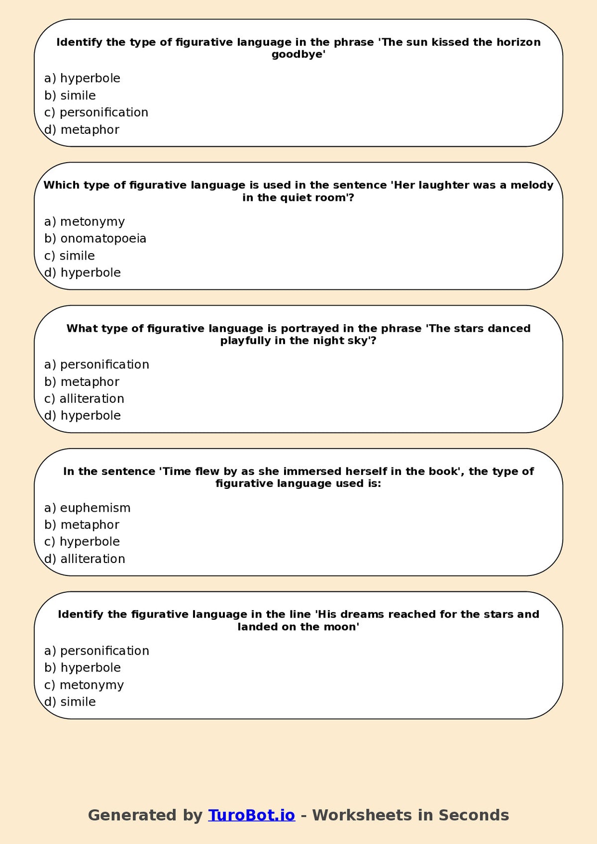Year 7 English Multiple Choice Worksheet – Types of Figurative Language