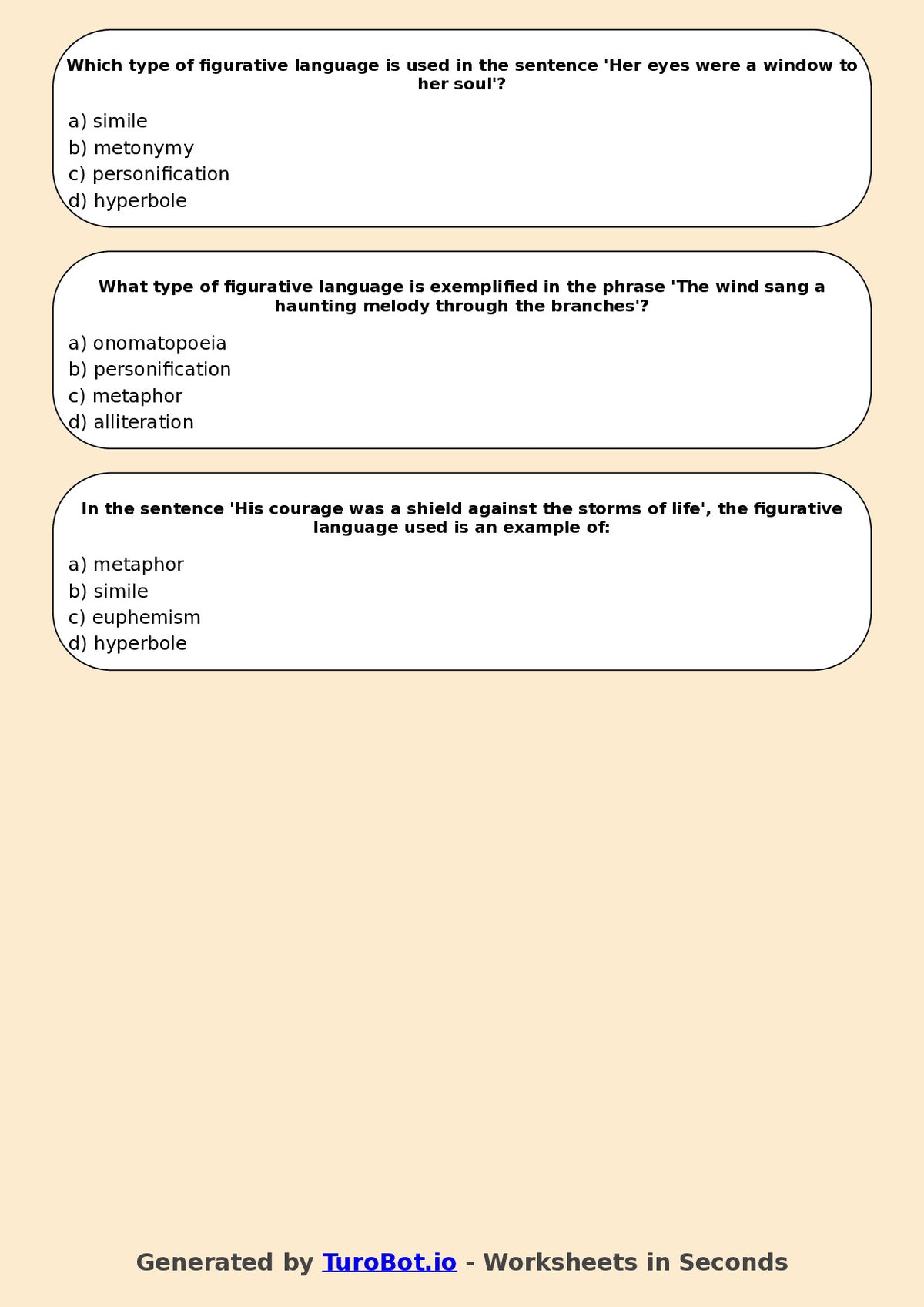 Year 7 English Multiple Choice Worksheet – Types of Figurative Language