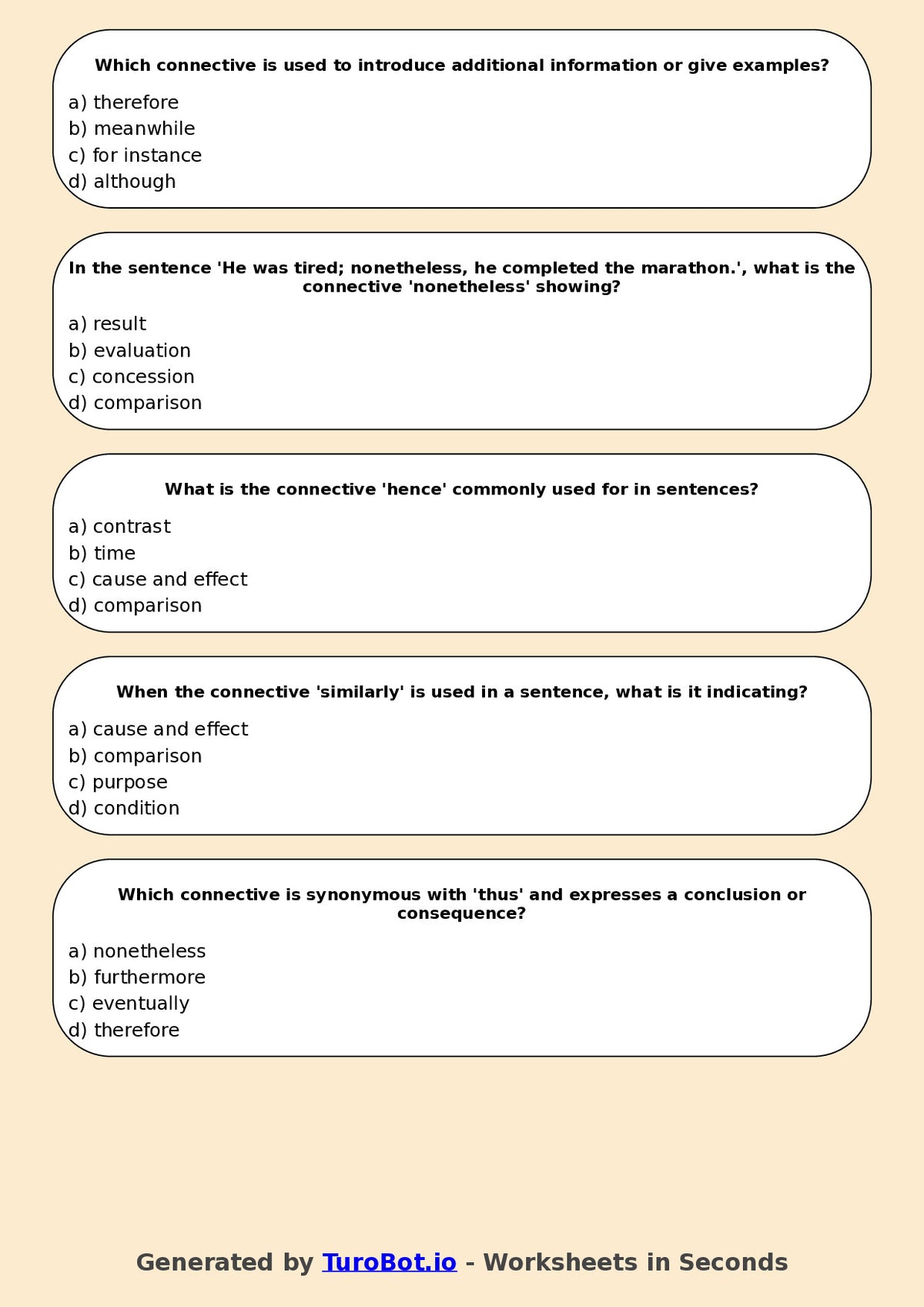 Year 7 English Multiple Choice Worksheet – Using Connectives for Cohesion