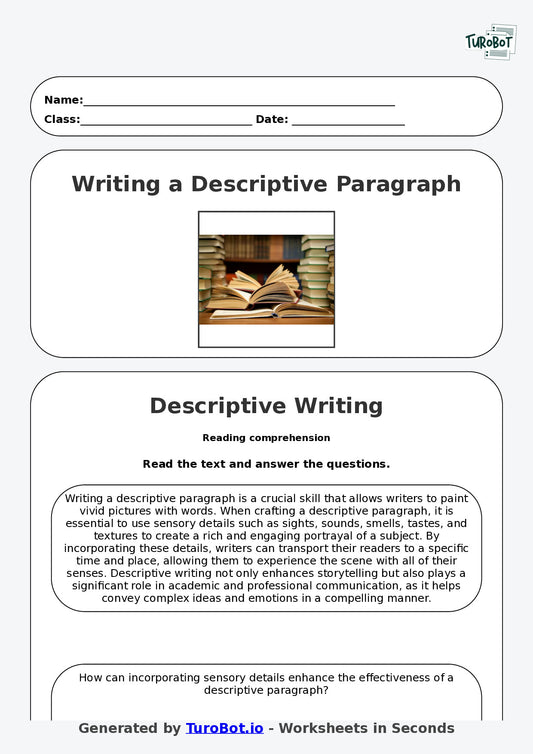 English - Year 8 Worksheet: Descriptive Paragraph Writing
