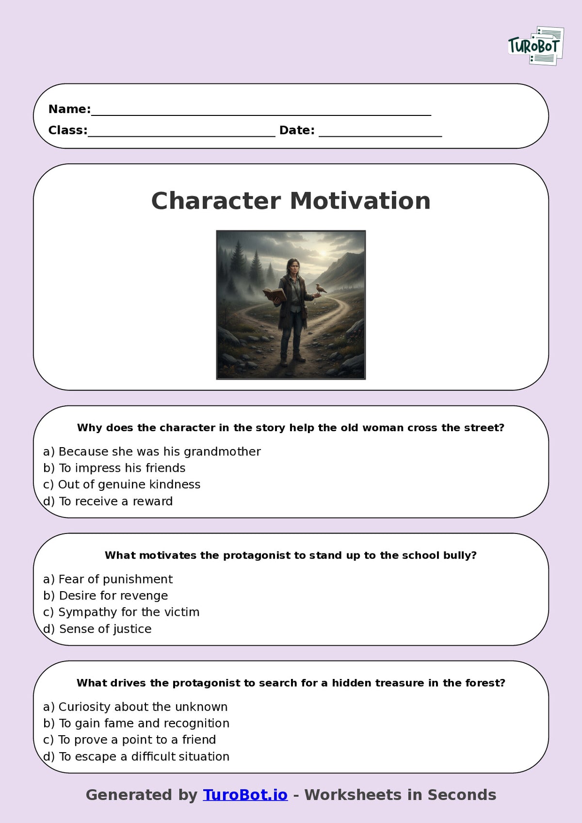 Year 8 English Multiple Choice Worksheet – Analysing Character Motivation