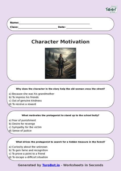 Year 8 English Multiple Choice Worksheet – Analysing Character Motivation