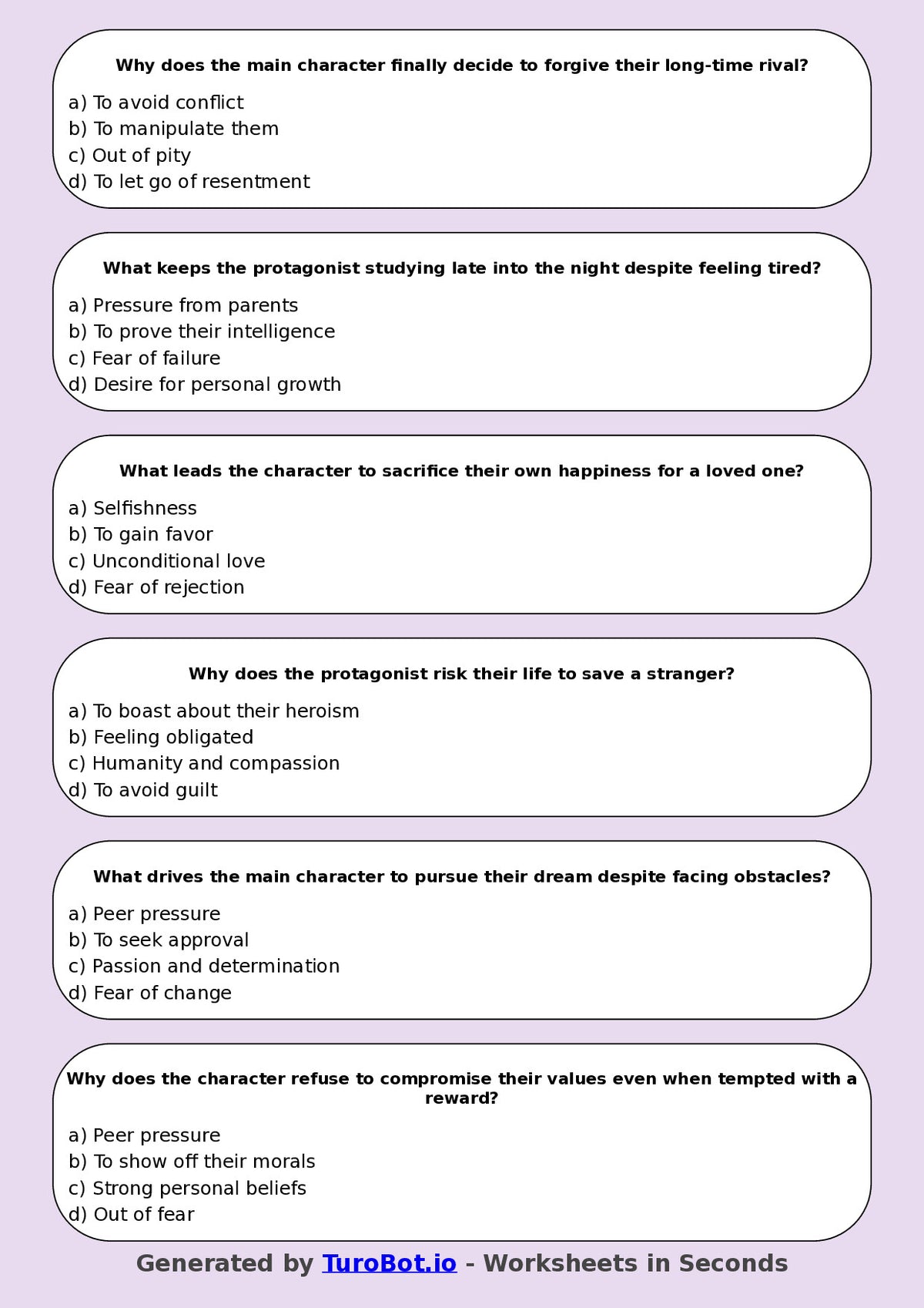 Year 8 English Multiple Choice Worksheet – Analysing Character Motivation