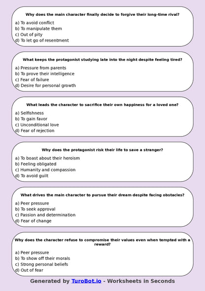 Year 8 English Multiple Choice Worksheet – Analysing Character Motivation
