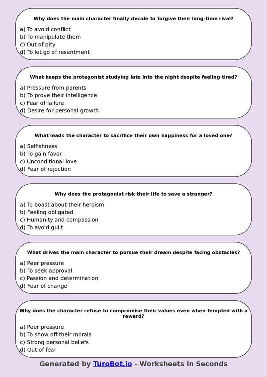Year 8 English Multiple Choice Worksheet – Analysing Character Motivation