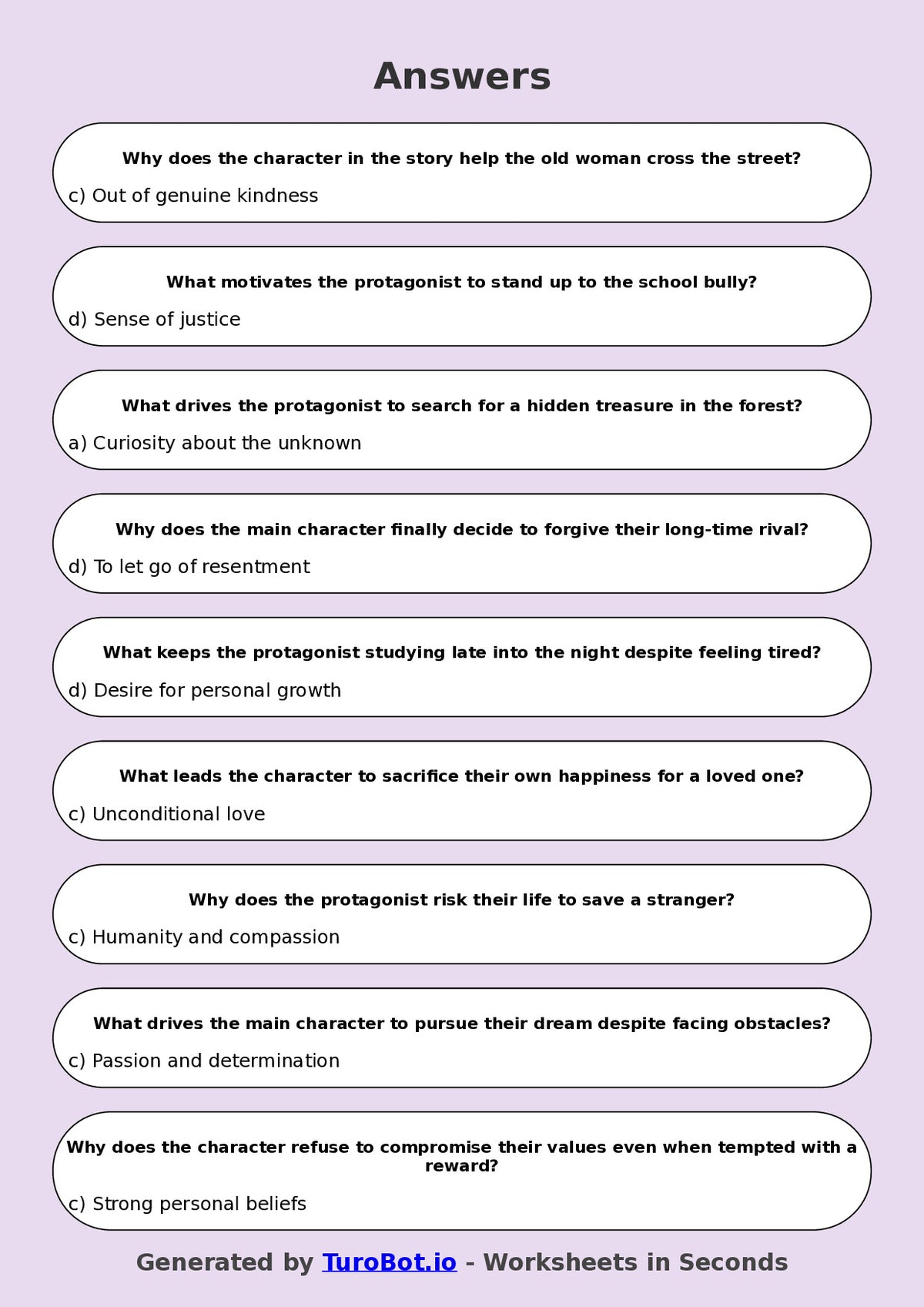 Year 8 English Multiple Choice Worksheet – Analysing Character Motivation