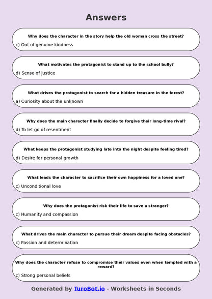 Year 8 English Multiple Choice Worksheet – Analysing Character Motivation