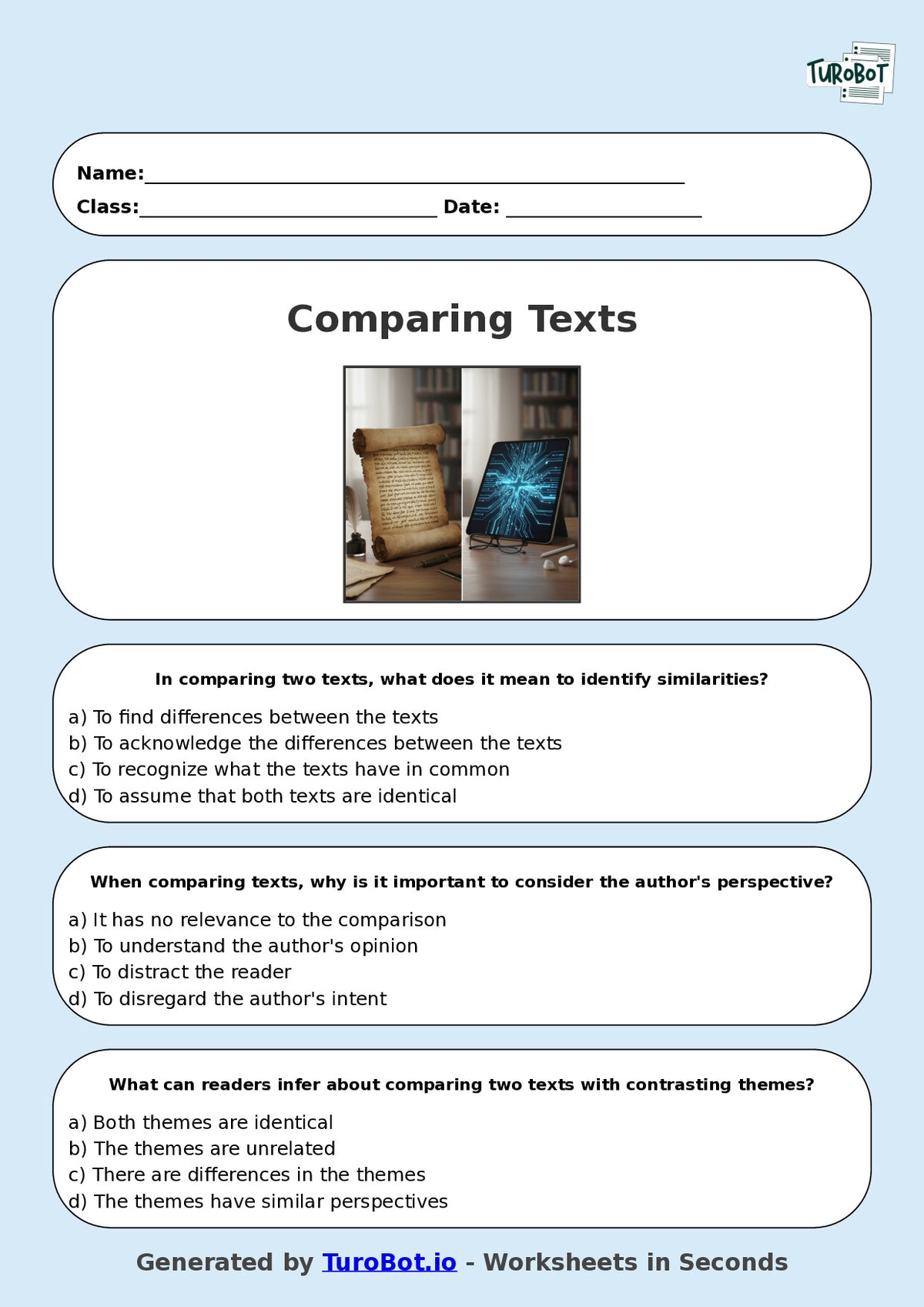 Year 8 English Multiple Choice Worksheet – Comparing Two Texts