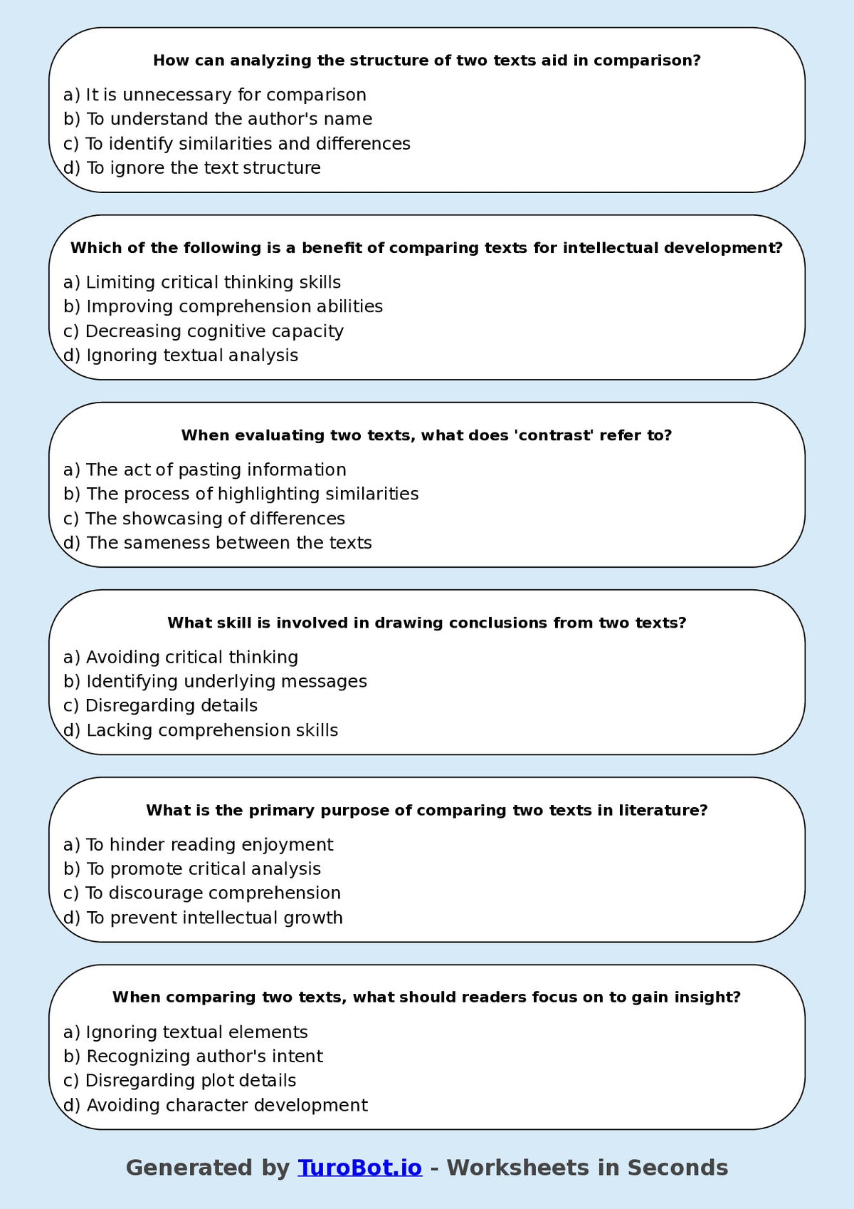 Year 8 English Multiple Choice Worksheet – Comparing Two Texts