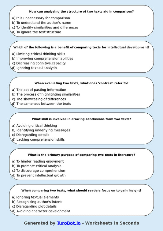Year 8 English Multiple Choice Worksheet – Comparing Two Texts