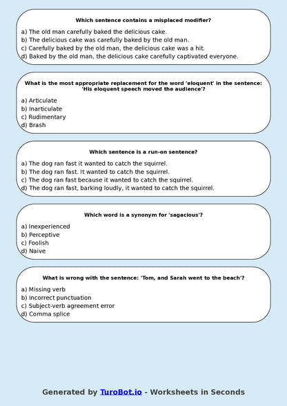 Year 8 English Multiple Choice Worksheet – Editing for Grammar and Clarity