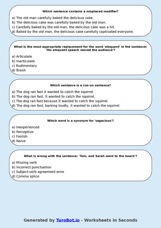 Year 8 English Multiple Choice Worksheet – Editing for Grammar and Clarity