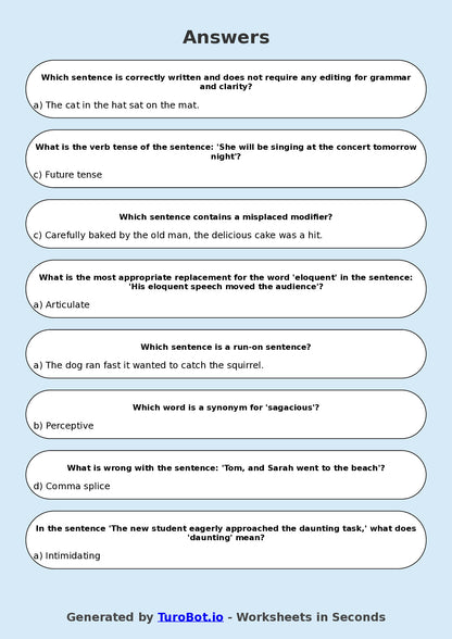 Year 8 English Multiple Choice Worksheet – Editing for Grammar and Clarity