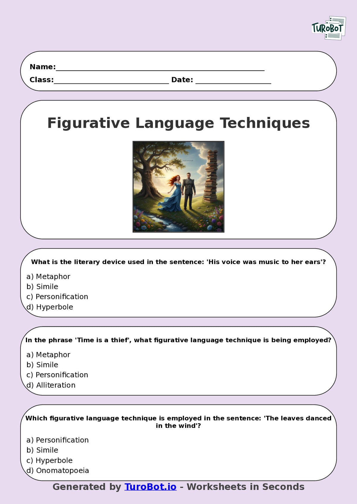 Year 8 English Multiple Choice Worksheet – Figurative Language Techniques