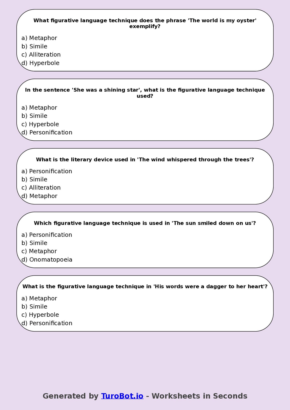 Year 8 English Multiple Choice Worksheet – Figurative Language Techniques