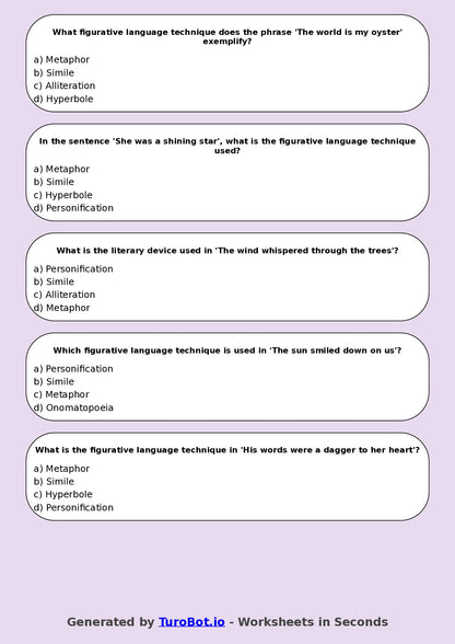 Year 8 English Multiple Choice Worksheet – Figurative Language Techniques