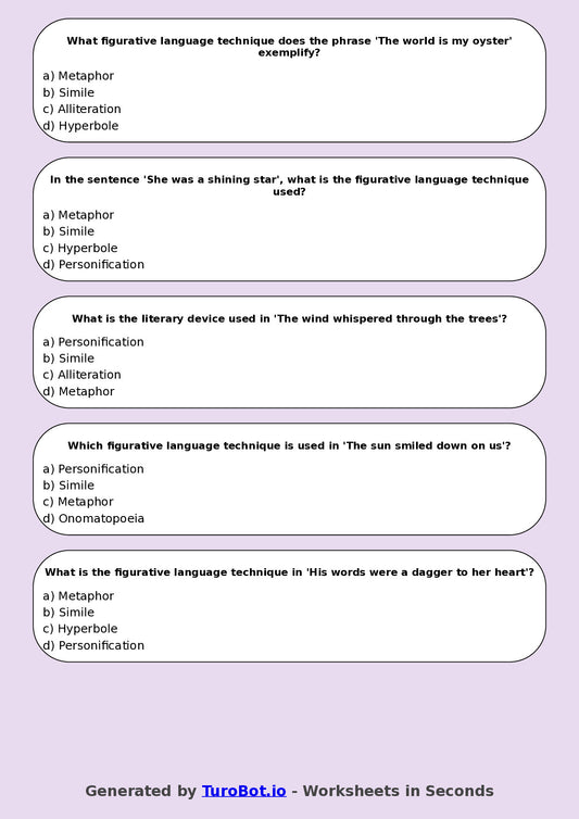 Year 8 English Multiple Choice Worksheet – Figurative Language Techniques