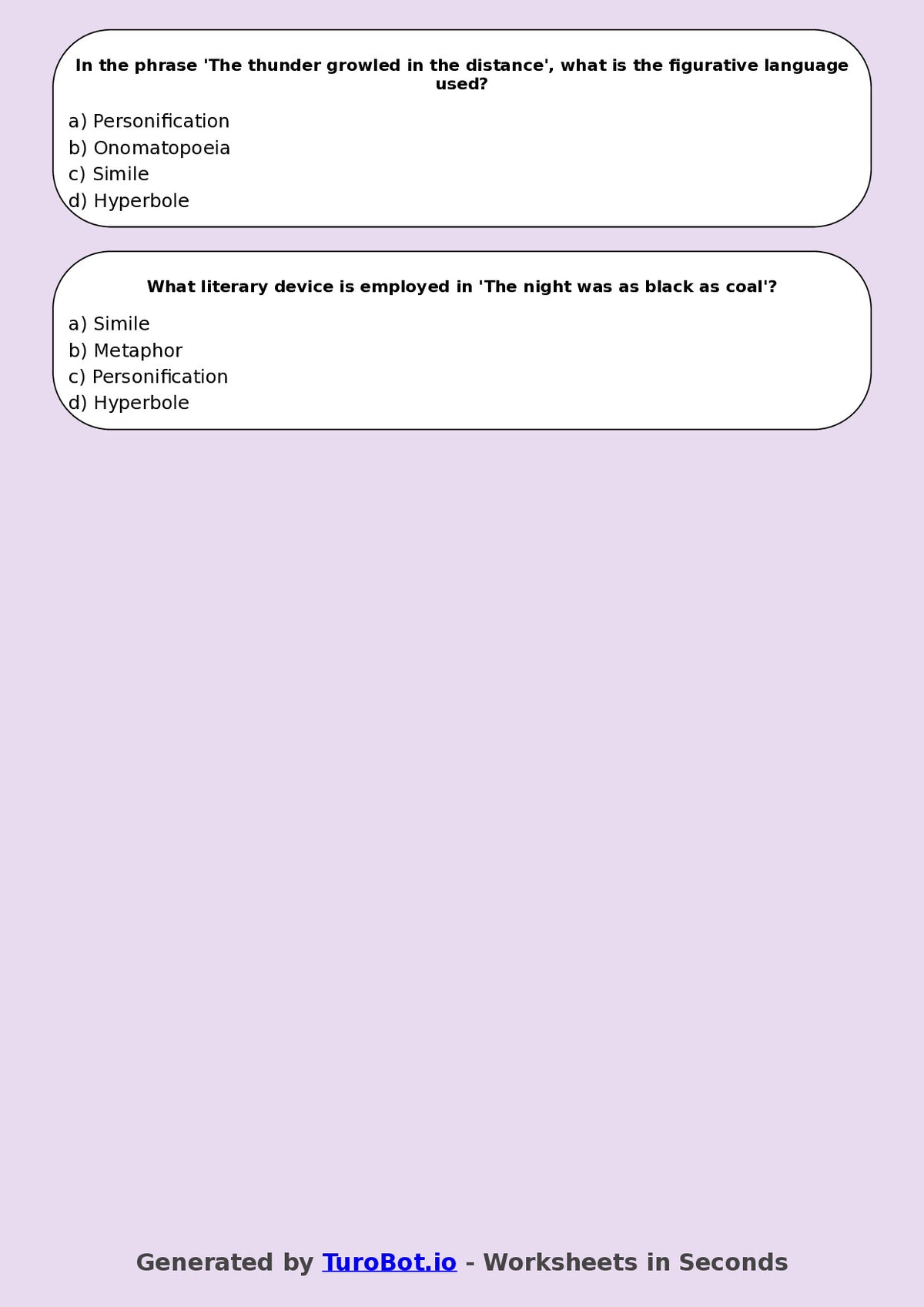 Year 8 English Multiple Choice Worksheet – Figurative Language Techniques