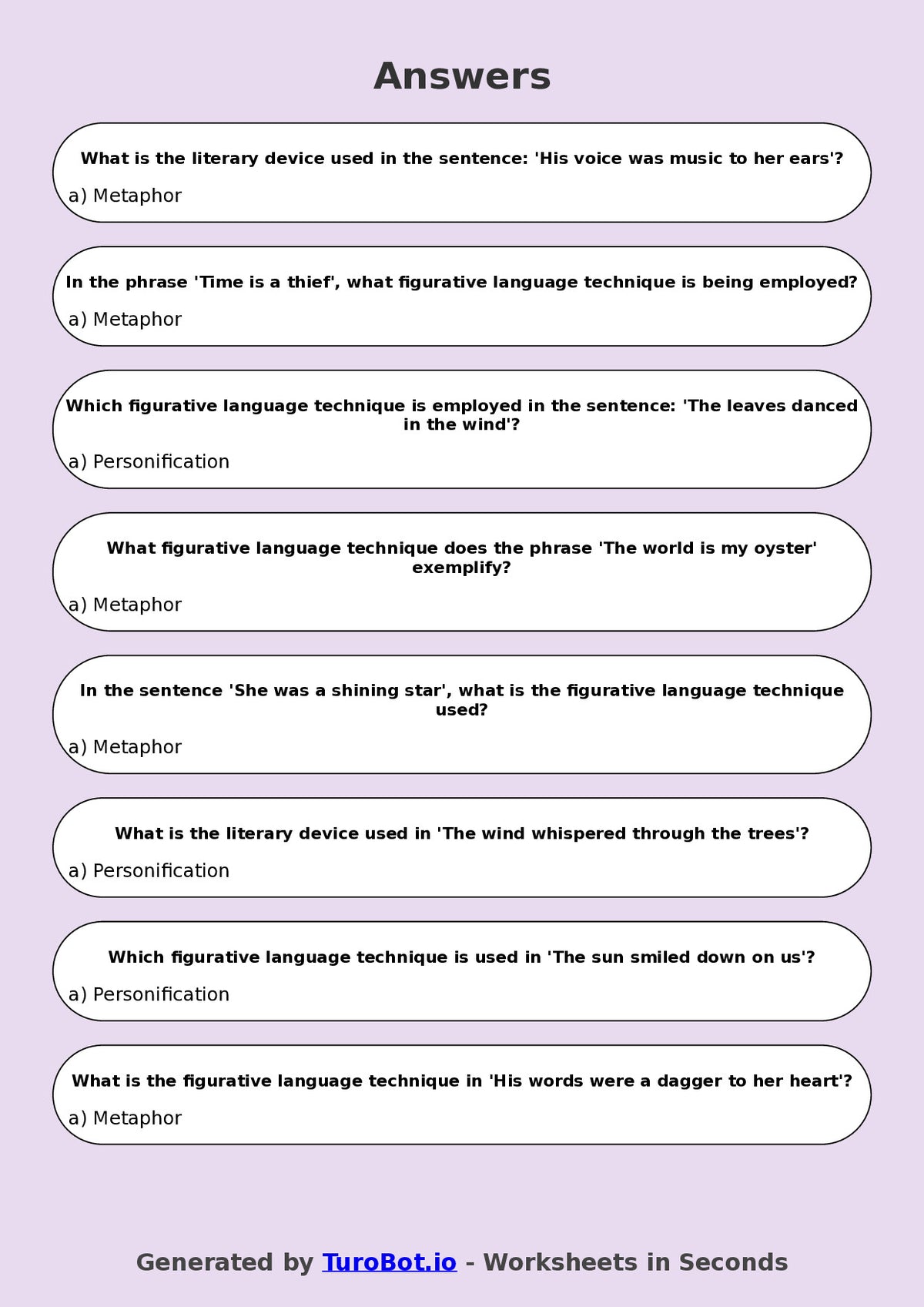 Year 8 English Multiple Choice Worksheet – Figurative Language Techniques