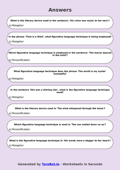 Year 8 English Multiple Choice Worksheet – Figurative Language Techniques