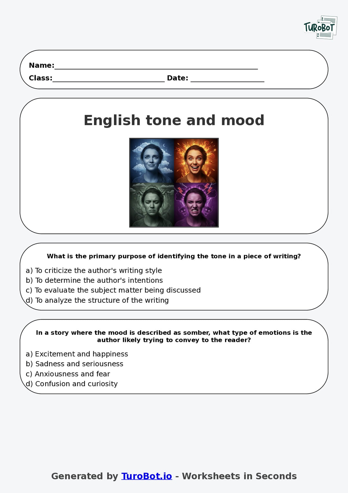 Year 8 English Multiple Choice Worksheet – Tone and Mood in Writing