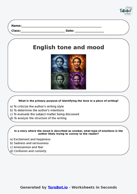 Year 8 English Multiple Choice Worksheet – Tone and Mood in Writing
