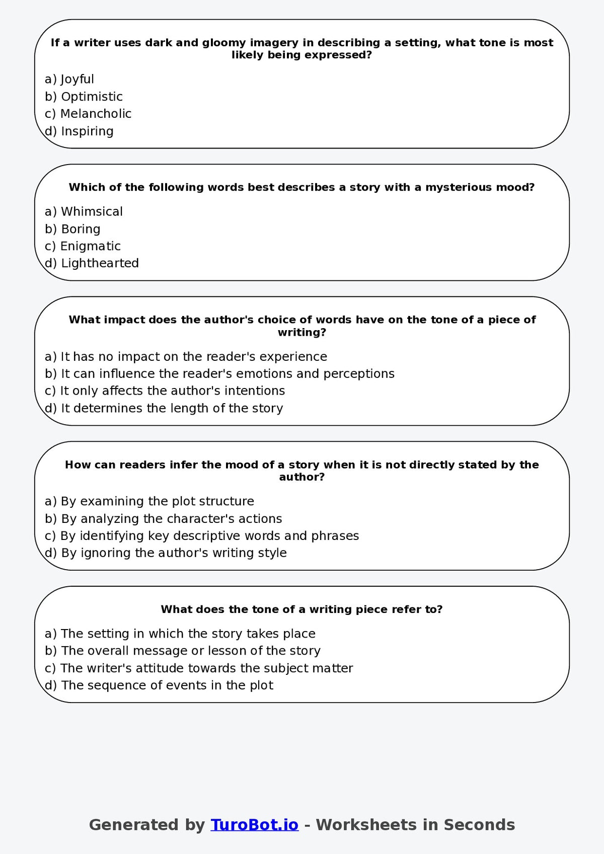 Year 8 English Multiple Choice Worksheet – Tone and Mood in Writing