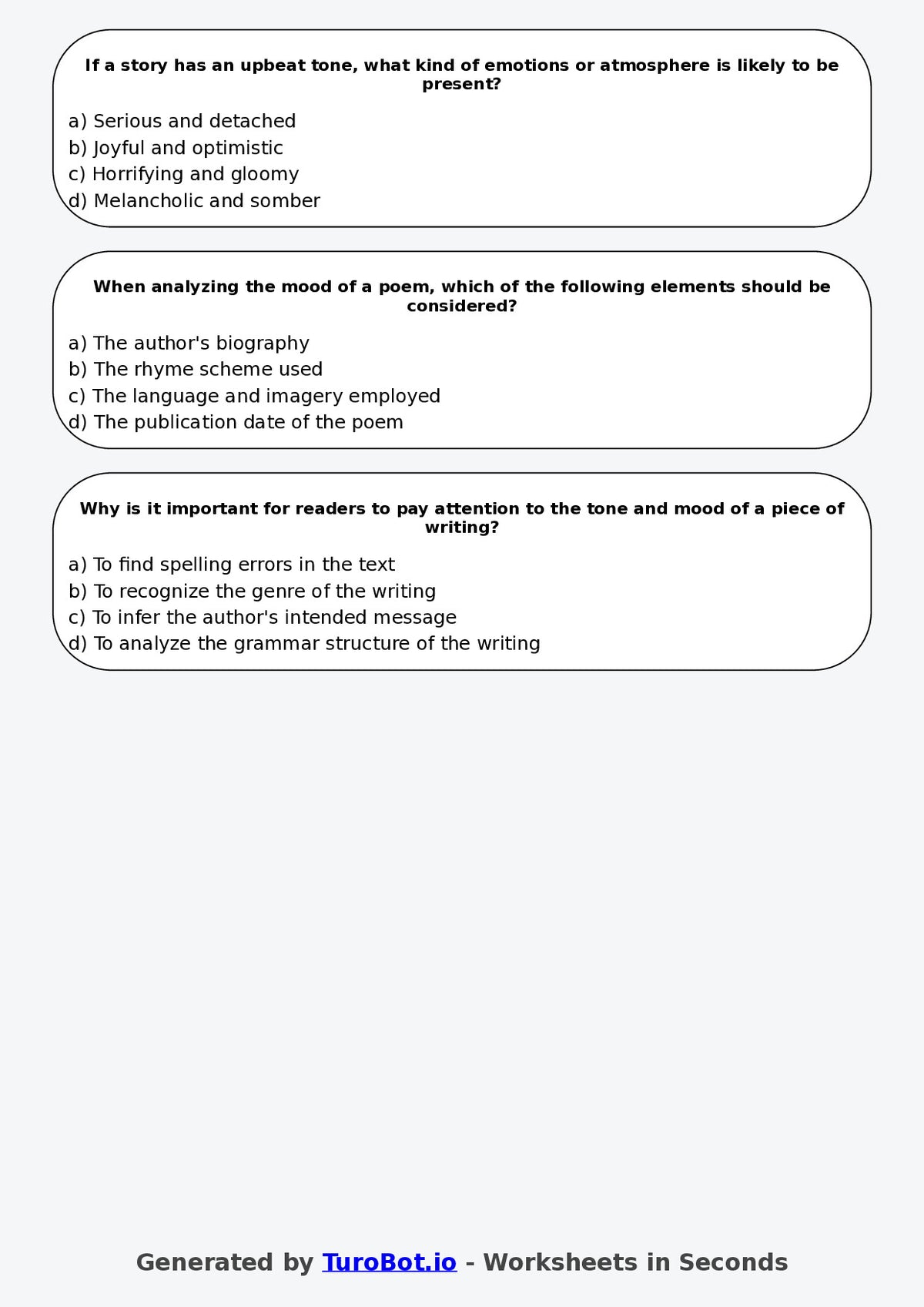 Year 8 English Multiple Choice Worksheet – Tone and Mood in Writing