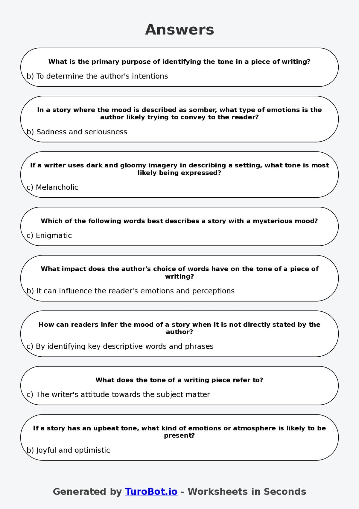 Year 8 English Multiple Choice Worksheet – Tone and Mood in Writing