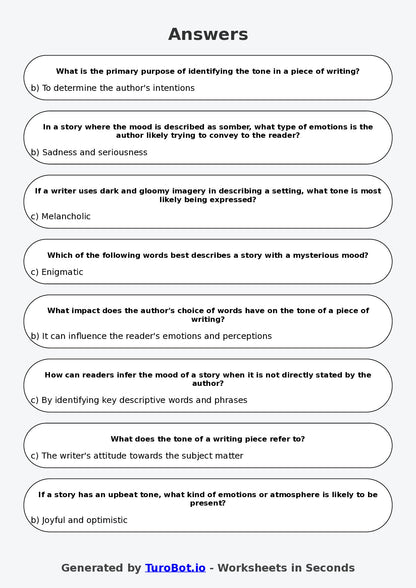 Year 8 English Multiple Choice Worksheet – Tone and Mood in Writing