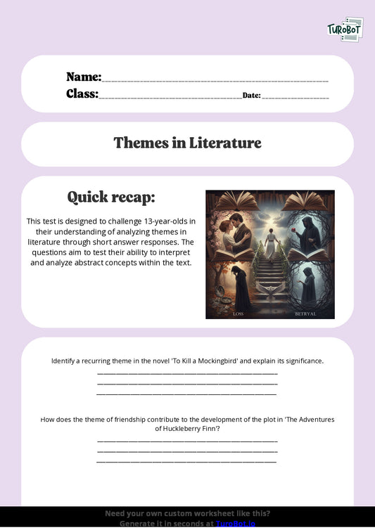 Free Worksheet - Year 8 English Analysing Themes in Literature Short Answer Response